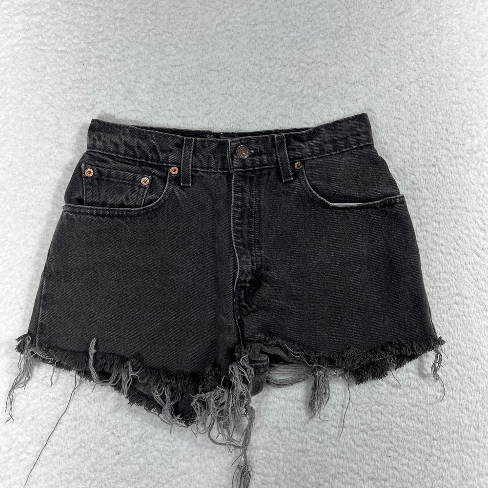 VTG Levis 550 Jean Shorts Womens 7 (W26) Black 90s Relaxed Fit Frills Beach Prep